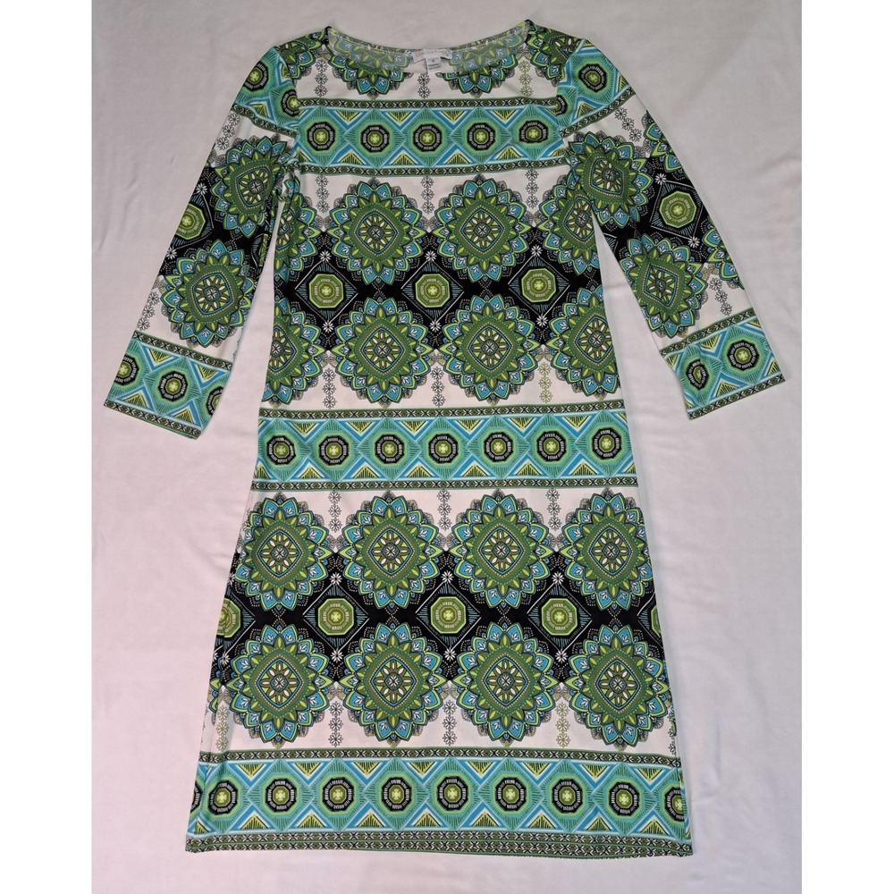 London Times Sz 4 Women's Blue/Grn Shift Dress 3/4 Slv Forest‎ Hippie Retro